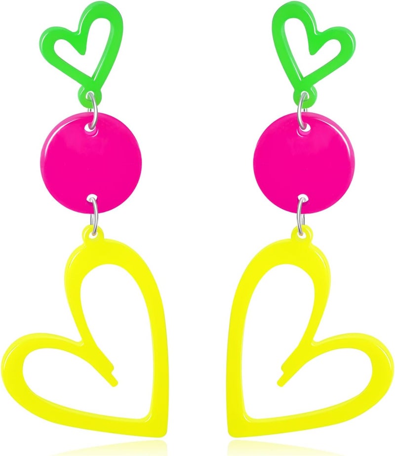 HOLYRY Neon Heart Earrings for Women Acrylic Neon Earrings 80s 90s Outfit for Women Glow Party Accessories Gifts Hot Pink Orange Green Yellow - Image 1